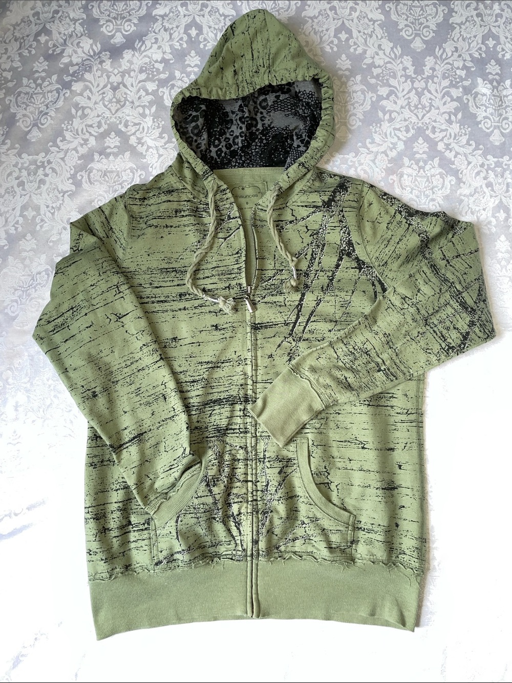 NWOT Maurices Light Olive Zip Hoodie with Black Patterned Lining.  Size 0.